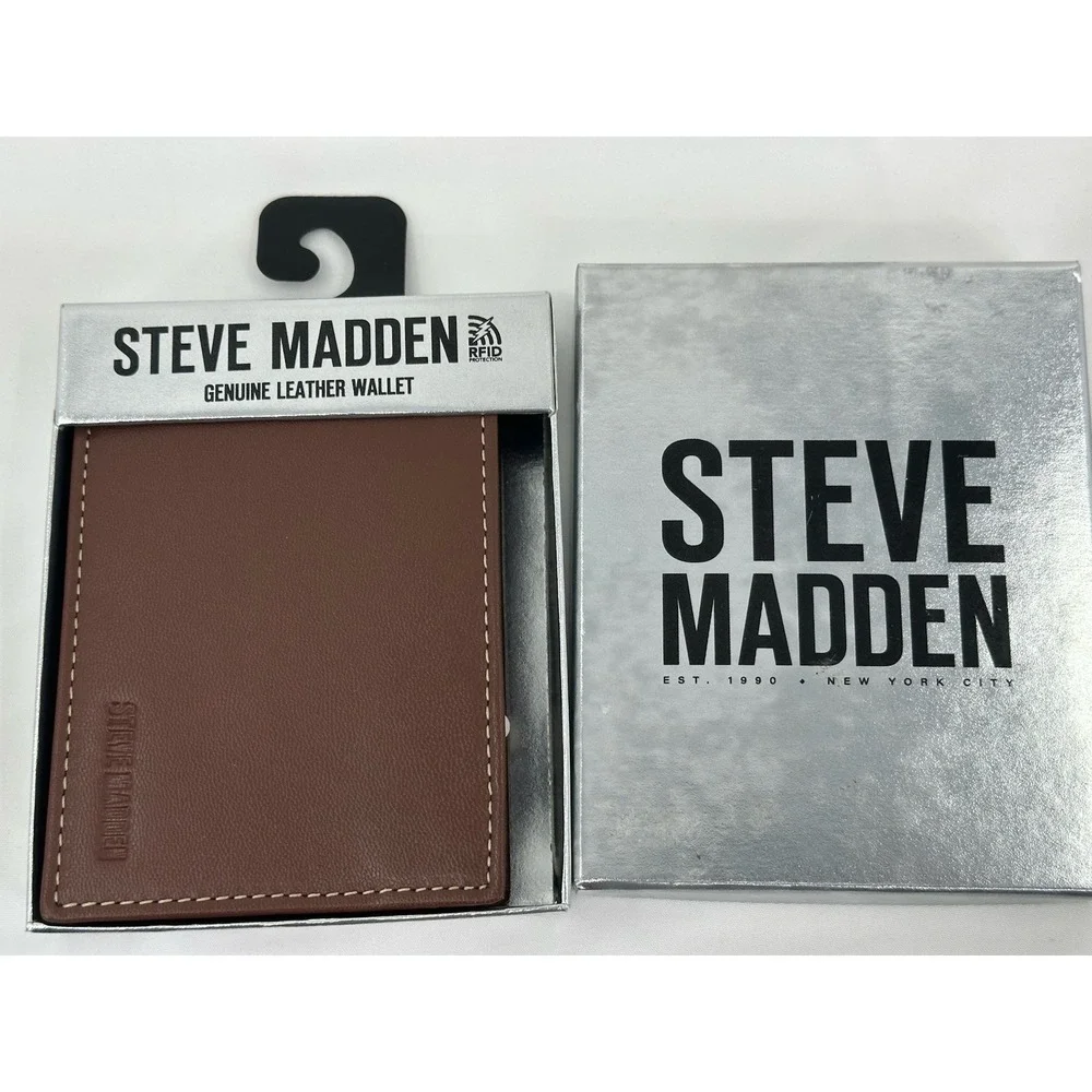 Steve Madden Billfold Brown Leather Wallet With Back RFID New‎ In Box